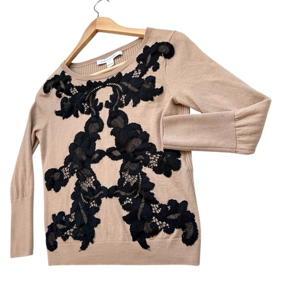 Diane Von Furstenberg S EUC Wool Tan and Black Lace Sweater - Picture 1 of 13